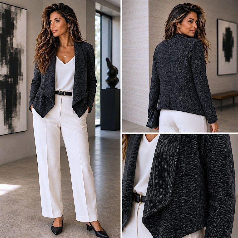 Eileen Fisher M Charcoal Open Blazer Textured Lightweight Capsule Minimalist